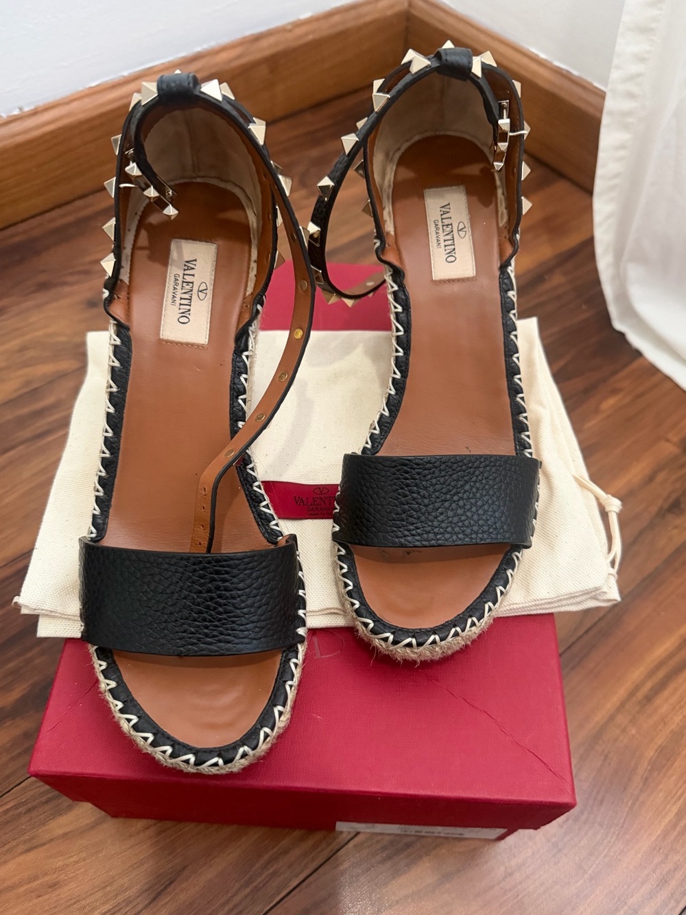 Valentino Garavani Rockstud Leather Espadrille Wedge Sandals, Size 38